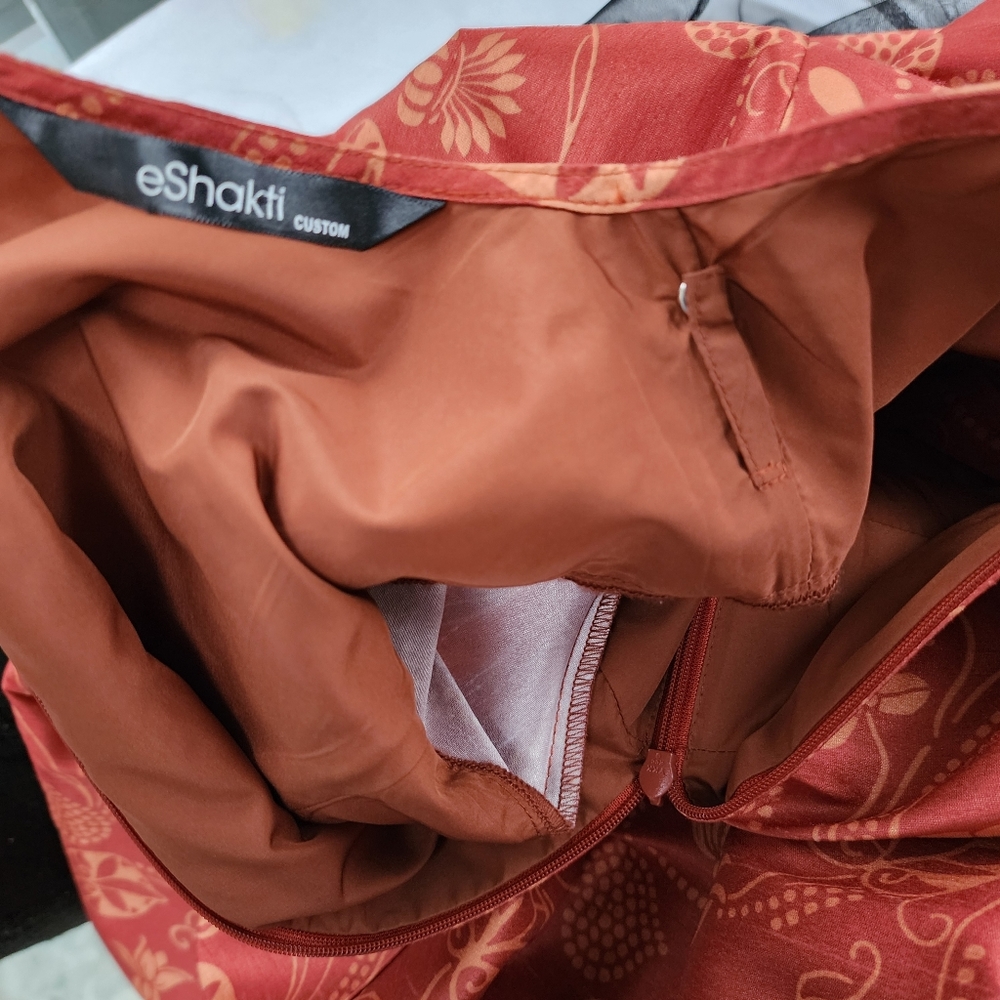 Eshakti Burnt Orange Floral Print Banded High Waist Pleated Taffeta Midi Skirt - Picture 11 of 16